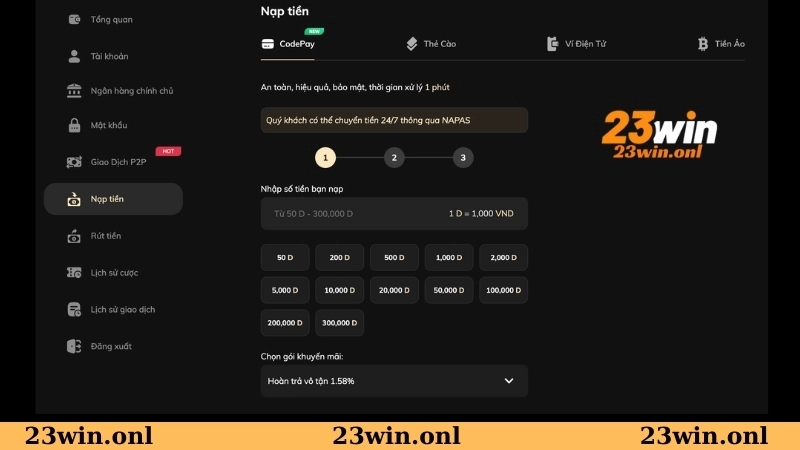 Hướng dẫn chi tiết các bước nạp tiền 23WIN